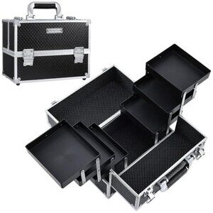 New 11.8In Black Makeup Train Case, 6-Tray Locking Cosmetic Organizer Box